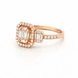14K Gold Baguette Cluster Diamond Three Stone Halo Engagement Ring