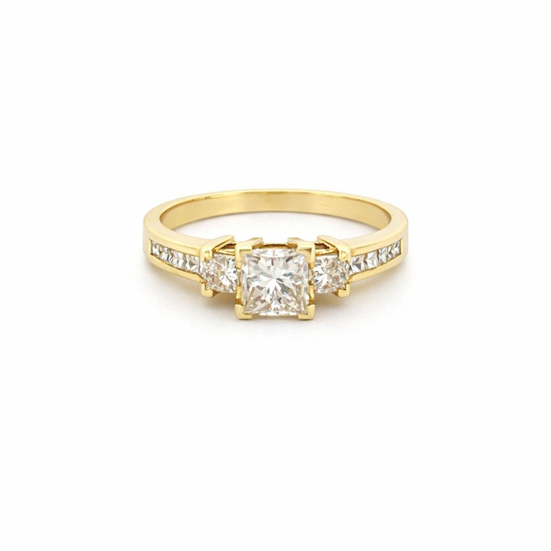 14K Gold 1.10 Carat Natural 3 Stone Princess Cut Diamond Engagement Ring