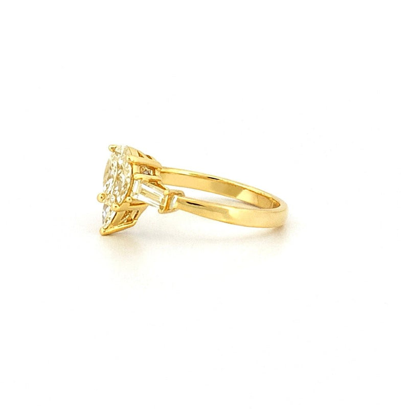 14K Gold Three Stone Cluster Pear Shape and Baguette Diamond Engagement Ring