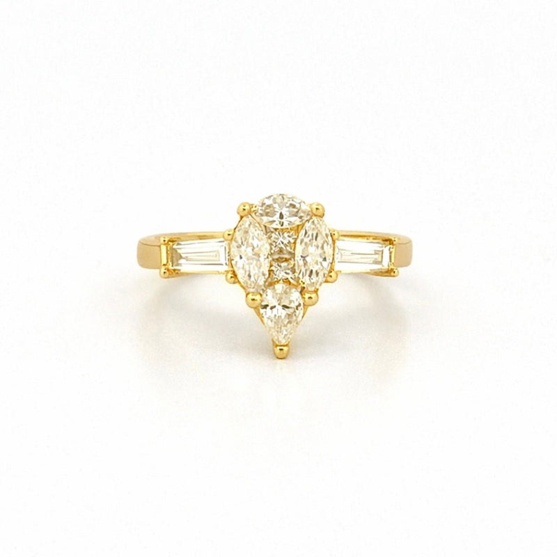 14K Gold Three Stone Cluster Pear Shape and Baguette Diamond Engagement Ring