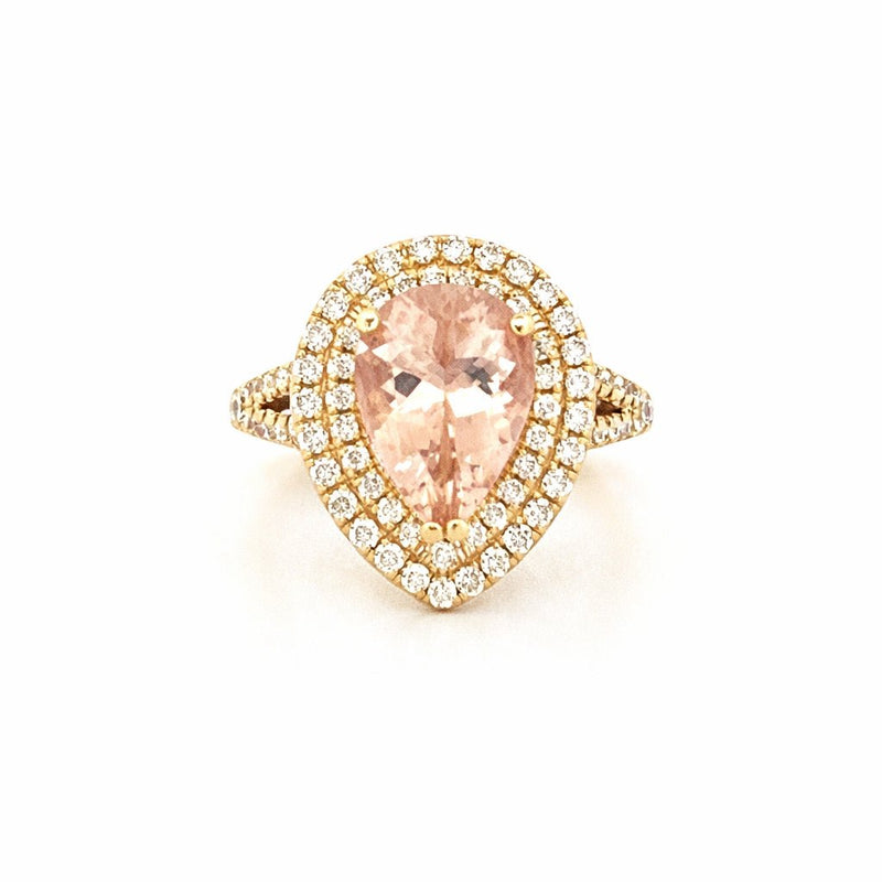 14K Gold Pear Cut Morganite Double Halo Split Shank Cathedral Engagement Ring