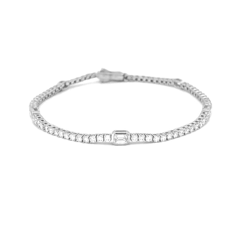 14K Gold Emerald Bezel Station and Round Lab Grown Diamond Tennis Bracelet