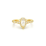 14K Gold Natural Pear Halo Cathedral Halo Engagement Ring w/ Marquise & Round Setting