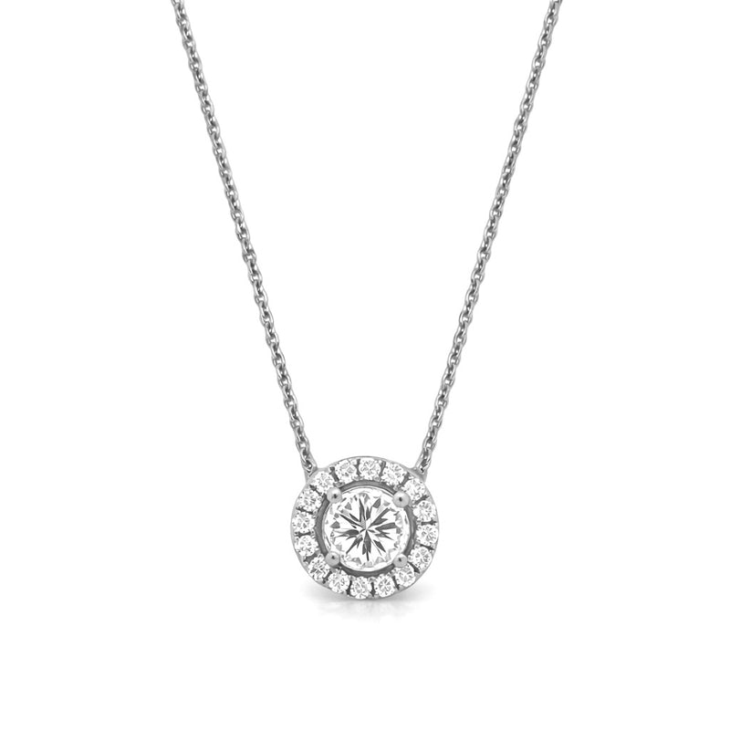 14K Gold Inverted Diamond Round Halo Pendant Necklace
