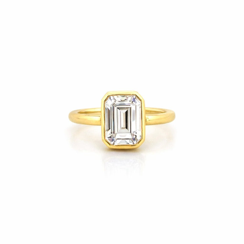 14K Gold 3.00 Carat Emerald Cut Moissanite Bezel Solitaire Engagement Ring