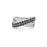 14K Gold Black Diamond and Diamond Crossed Two Row Ring