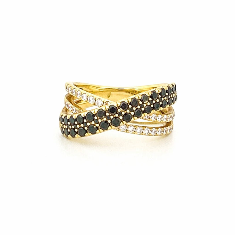 14K Gold Black Diamond and Diamond Crossed Two Row Ring