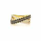 14K Gold Black Diamond and Diamond Crossed Two Row Ring