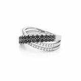 14K Gold Black Diamond and Diamond Crossed Two Row Ring