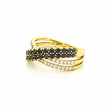 14K Gold Black Diamond and Diamond Crossed Two Row Ring