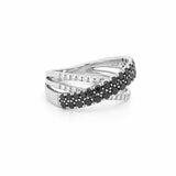14K Gold Black Diamond and Diamond Crossed Two Row Ring