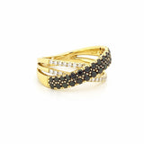 14K Gold Black Diamond and Diamond Crossed Two Row Ring