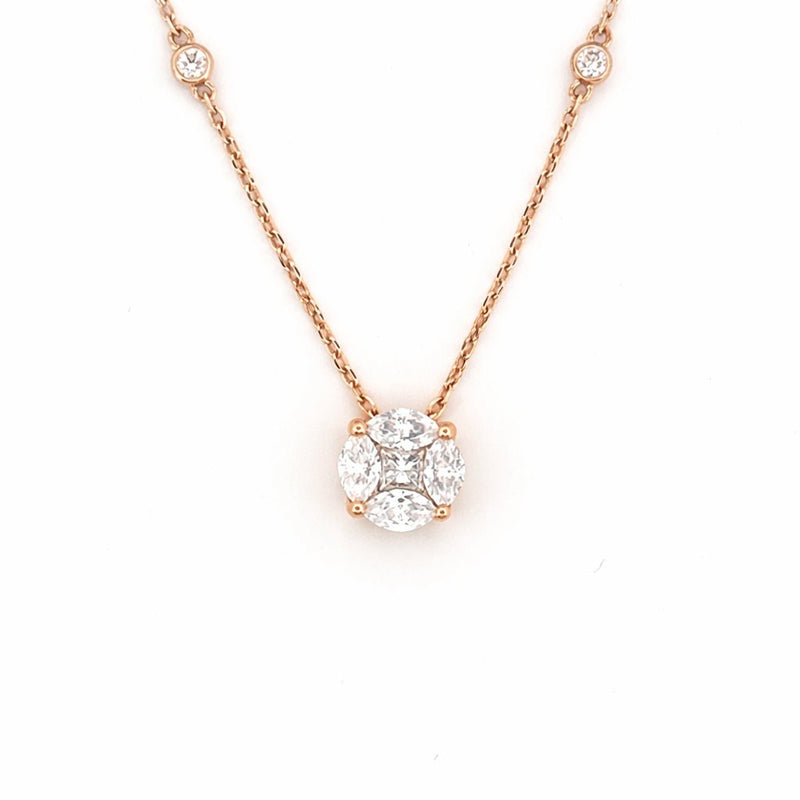 14K Gold Round Shape Cluster Diamond Pendant Necklace