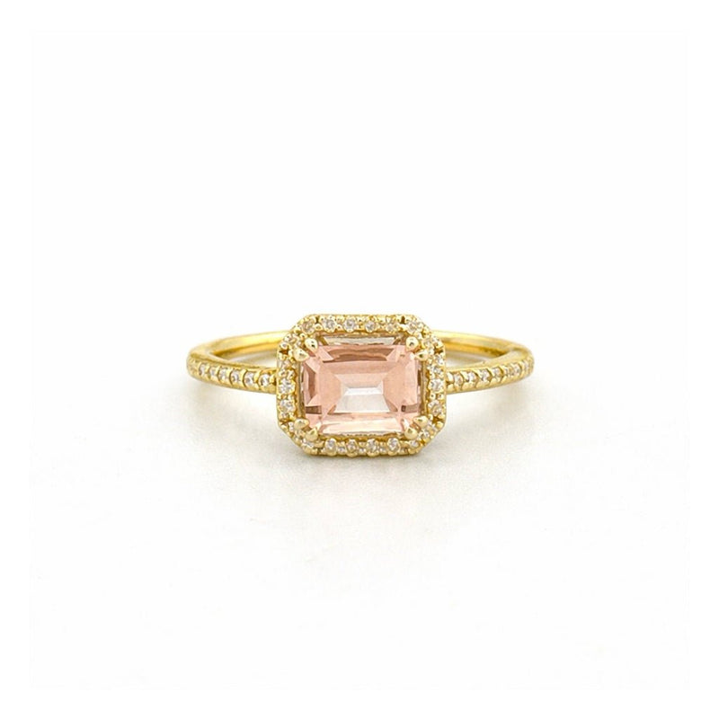 14K Gold 1.25 Carat East West Emerald Cut Morganite Art Deco Halo Engagement Ring