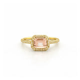 14K Gold 1.25 Carat East West Emerald Cut Morganite Art Deco Halo Engagement Ring