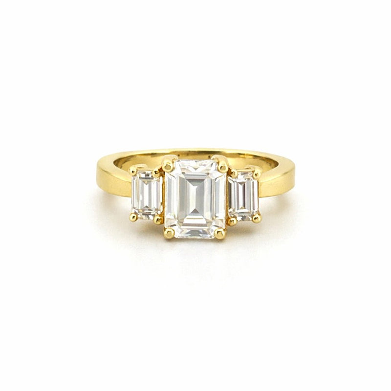 14K Gold Three Stone 2.50 Carat Emerald Moissanite Engagement Ring