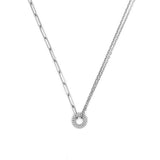 14K Gold Half Paper Clip Half Double Cable Chain Round Art Deco Pendant Necklace