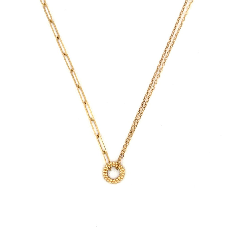 14K Gold Half Paper Clip Half Double Cable Chain Round Art Deco Pendant Necklace