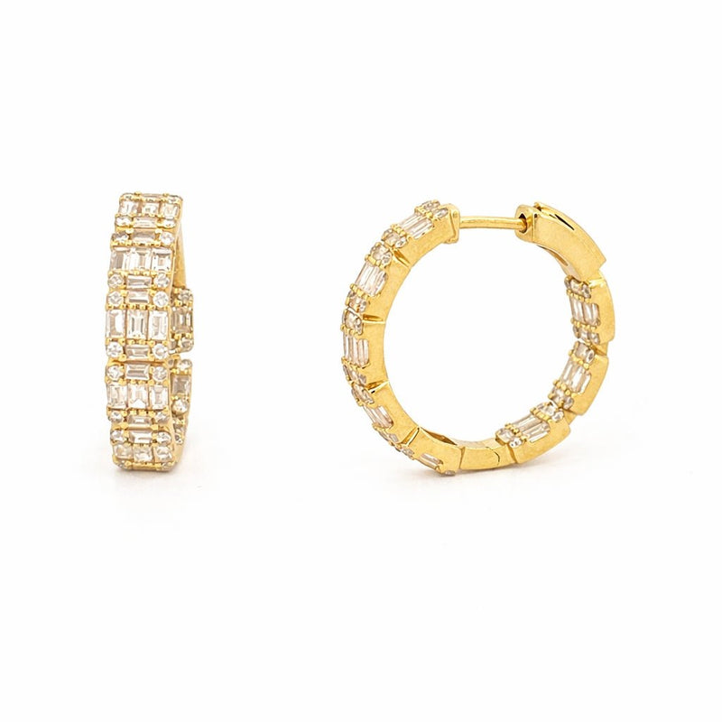 14K Gold Baguette and Round Diamond Cluster Hoop Earrings