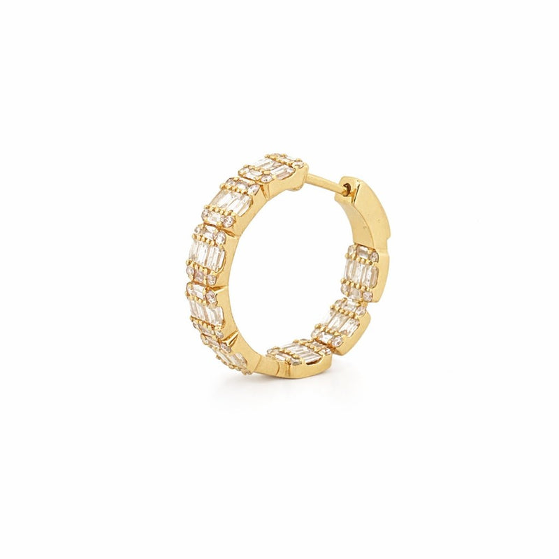 14K Gold Baguette and Round Diamond Cluster Hoop Earrings