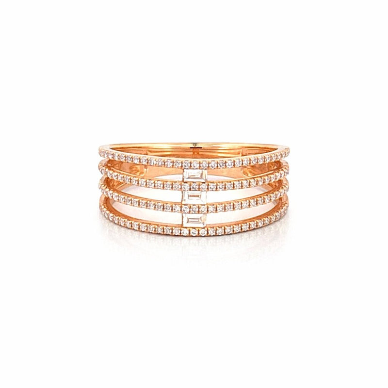 14K Gold Four Row Prong and Baguette Cut Diamond Band