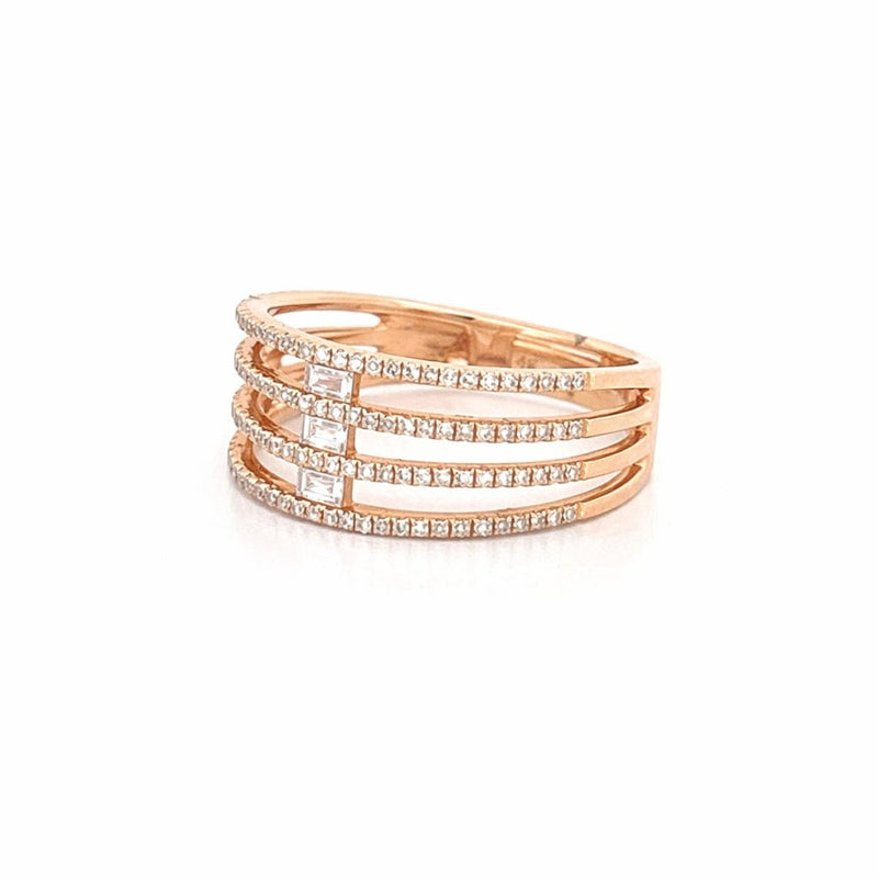 14K Gold Four Row Prong and Baguette Cut Diamond Band