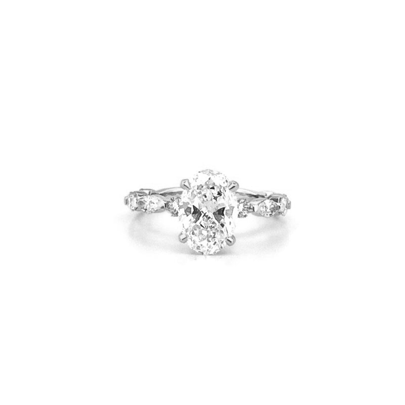 14K Gold Lab Grown 2.00 Carat Oval Diamond with Marquise and Round Setting Engagement Ring