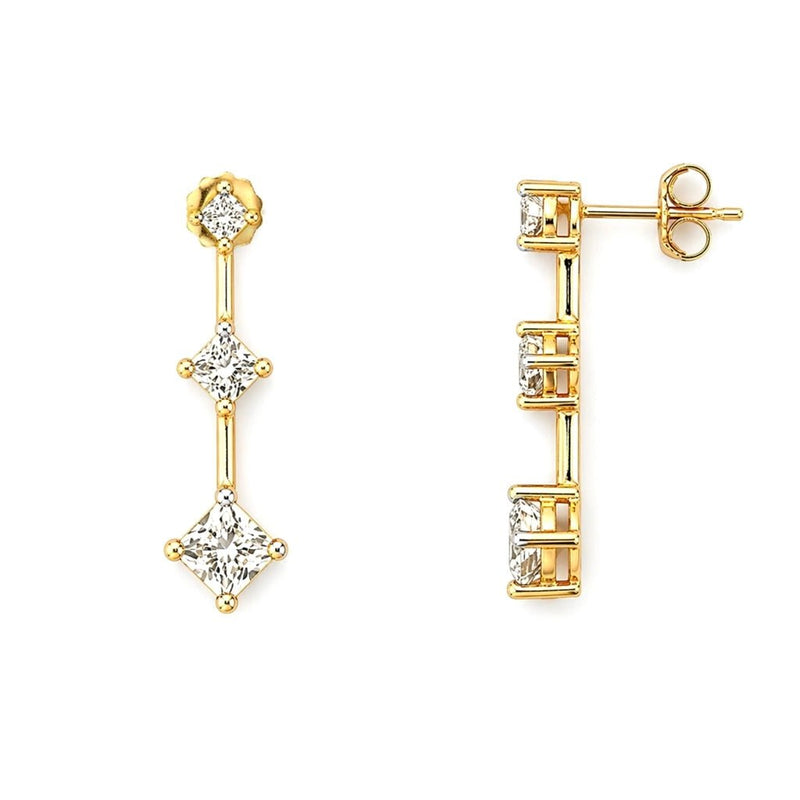 14K Gold Hanging Tri Princess Diamond Stud Earrings
