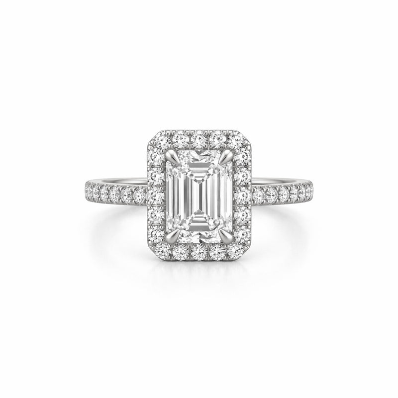 14K Gold 2.00 Carat Emerald Cut Lab Grown Diamond with Prong Setting and Diamond Halo