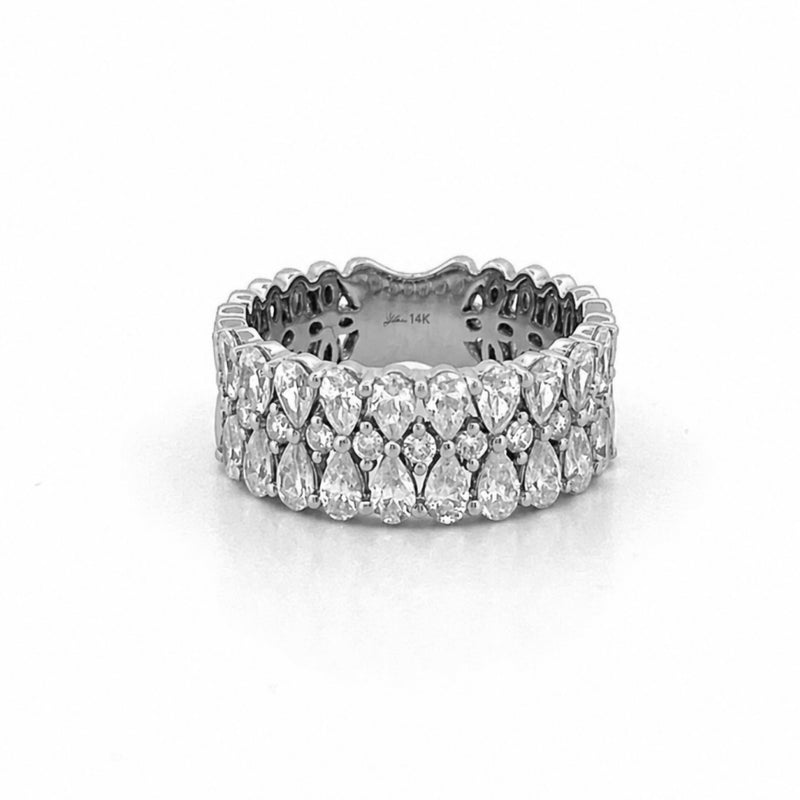 14K Gold Pear and Round Three Row Diamond Band