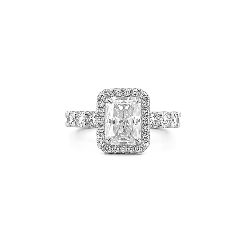 14K Gold Radiant Cut Moissanite Diamond U Prong Engagement Ring with Diamond Prongs and Under Halo