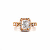 14K Gold Radiant Cut Moissanite Diamond U Prong Engagement Ring with Diamond Prongs and Under Halo