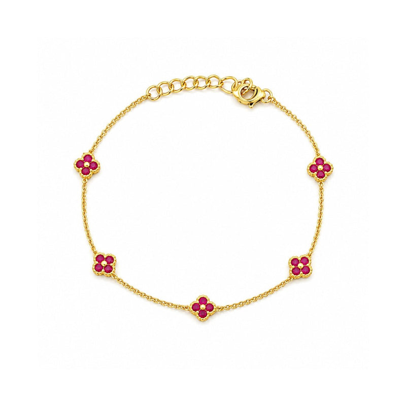 14K Gold Clover Ruby Station Bracelet