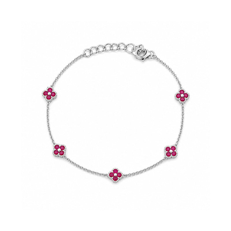 14K Gold Clover Ruby Station Bracelet