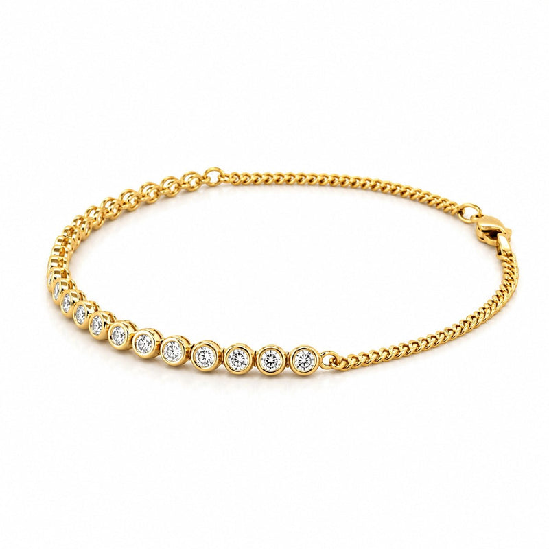 14K Gold Natural Diamond Half Round Bezel Half Cuban Link Bracelet