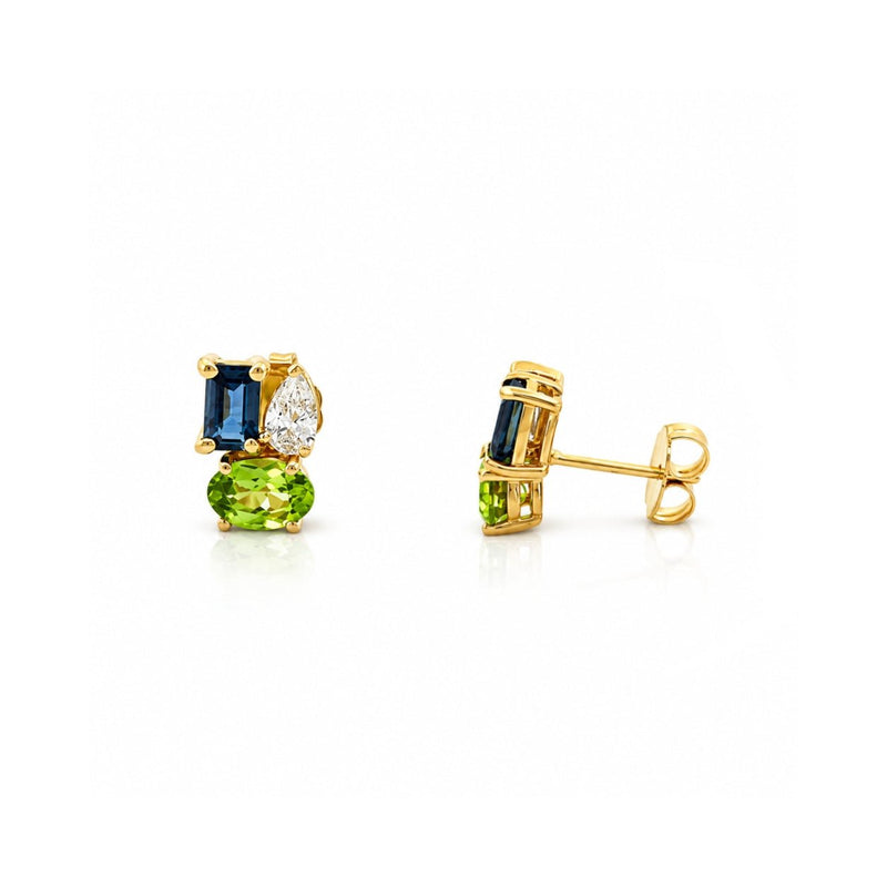 14K Gold Multi Color Stone and Diamond Stud Earrings