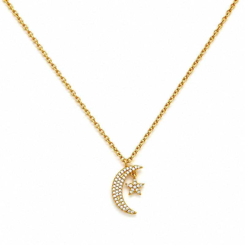 14K Gold Diamond Pavé Moon and Star Pendant Necklace