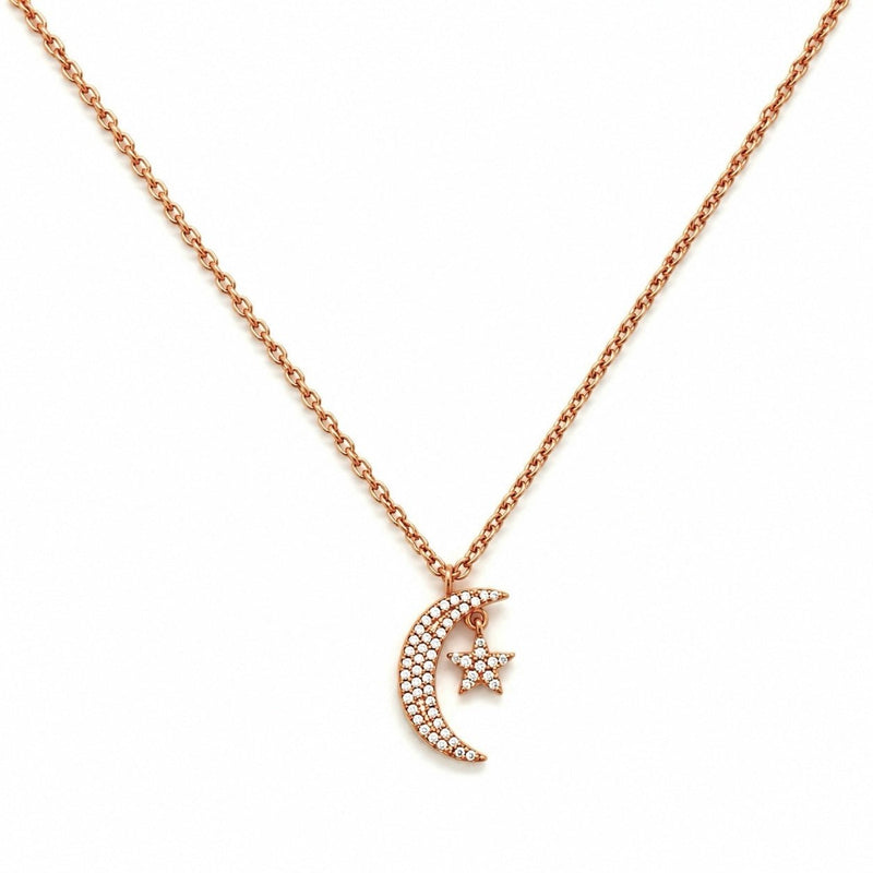 14K Gold Diamond Pavé Moon and Star Pendant Necklace