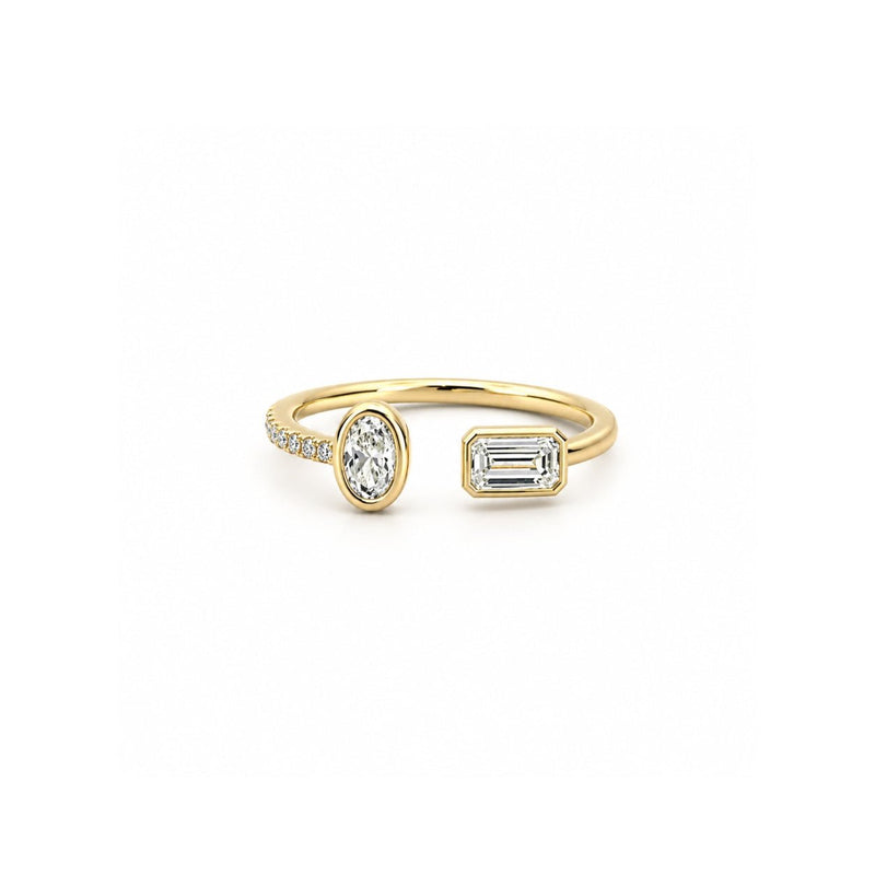 14K Gold Open Emerald and Oval Bezel Diamond Band