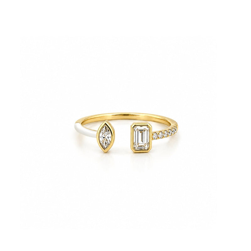 14K Gold Open Marquise and Emerald Bezel Diamond Enamel Band