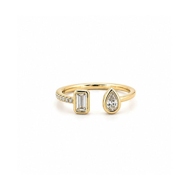 14K Gold Open Pear and Emerald Bezel Diamond Band