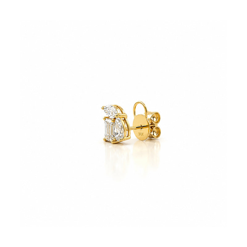 14K Gold Lab Grown Tri Stone Cluster Diamond Stud Earrings
