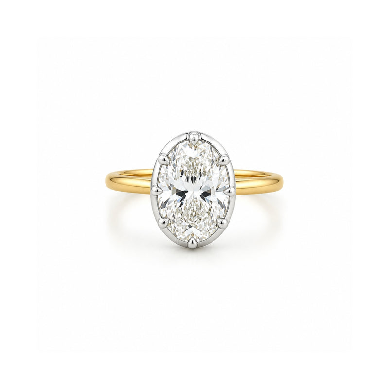 14K Two Tone Gold Eight Prong Lab Grown Oval Diamond Bezel Solitaire Engagement Ring