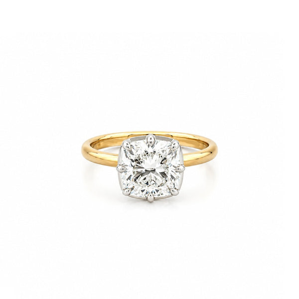 14K Two Tone Gold Eight Prong Lab Grown Cushion Diamond Bezel Solitaire Engagement Ring