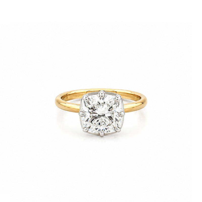 14K Two Tone Gold Eight Prong Lab Grown Cushion Diamond Bezel Solitaire Engagement Ring