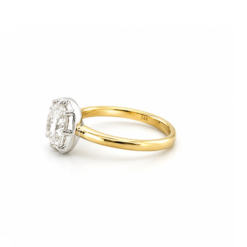 14K Two Tone Gold Eight Prong Lab Grown Cushion Diamond Bezel Solitaire Engagement Ring
