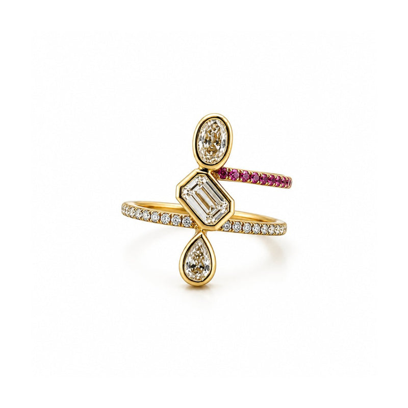 14K Gold Two Row Multi Shape Bezel Diamond Band