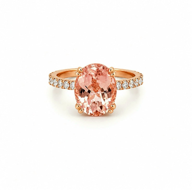 14K Gold Diamond Under Halo with 2.54 Carat Oval Morganite Engagement Ring