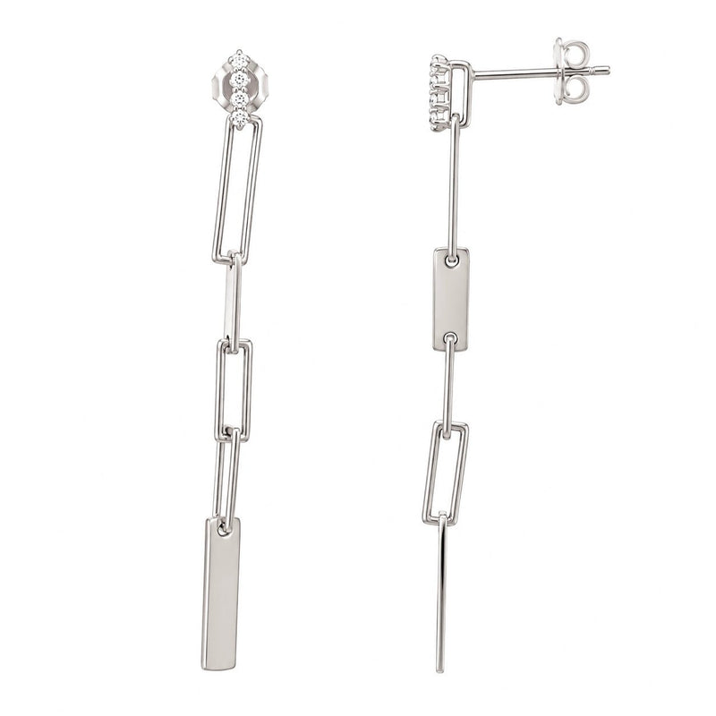 14K Gold Paper Clip Diamond Bar Earrings