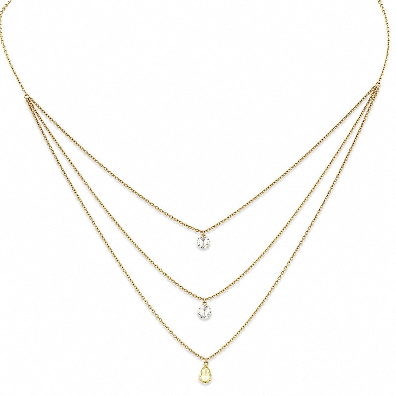 14K Gold 3 Layer Round and Pear Cut Diamond Necklace